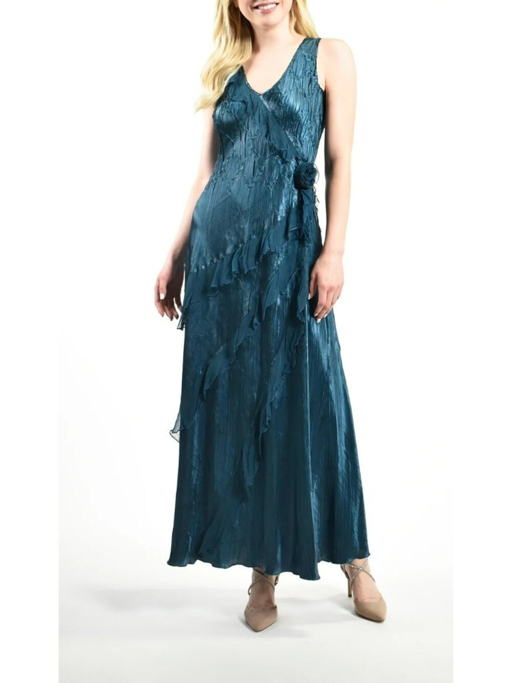 Komarov Blue Sleeveless Maxi Dress Rosette Asymmetrical Ruffles 90s Whimsigoth - Picture 2 of 16